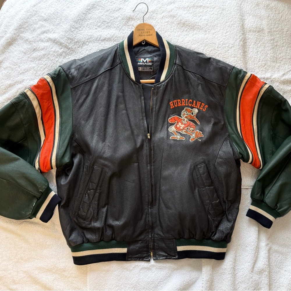 RARE Vintage Miami Hurricanes Black and Green Leather Bomber Jacket